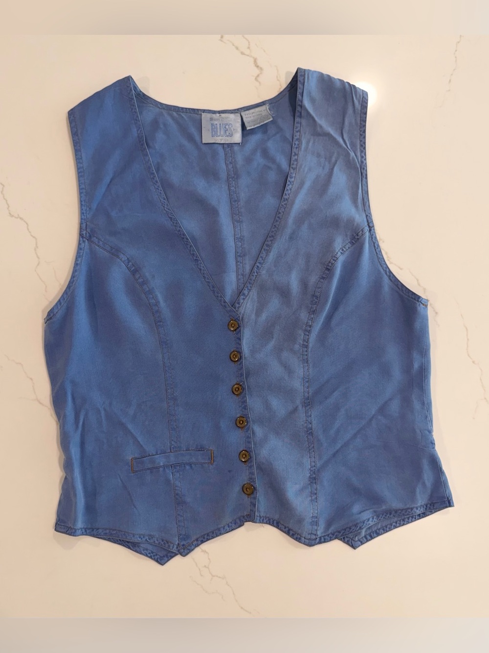 Silk Blue Sleeveless Button-Front Top
